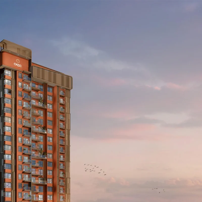 CKPC Heart of Harmony residential tower at Kudlu Gate at dusk, developer render