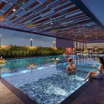 Swimming pool at CKPC Heart of Harmony at dusk, developer render