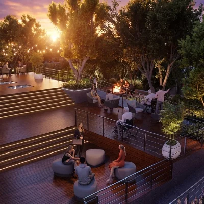 Landscaped terrace deck with seating at CKPC Heart of Harmony, developer render