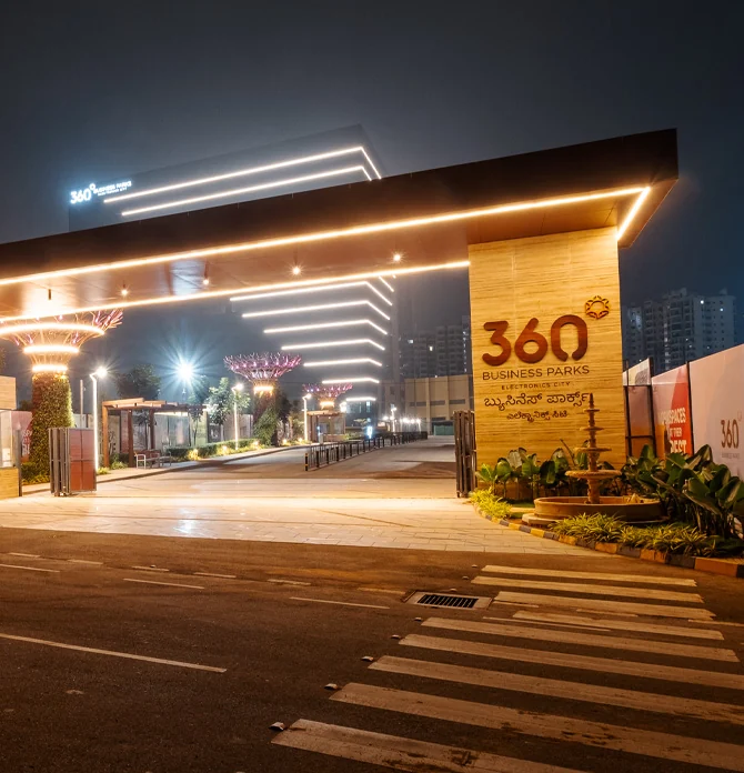 Entrance of CKPC’s 360° Business Park office campus in Electronics City at night